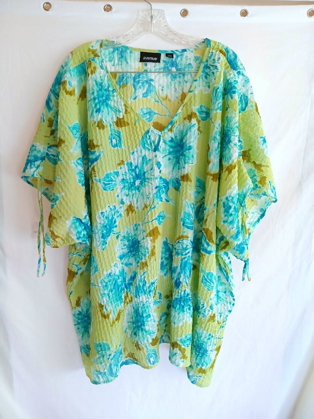 Avenue Aqua & Green Floral Crinkle Tunic Top Shirt Plus 26/28 Boho Cottagecore